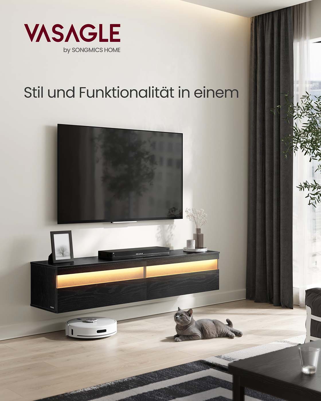 Hanging TV-Lowboard 147 x 35 x 30 cm Ebenholz schwarz schwarz