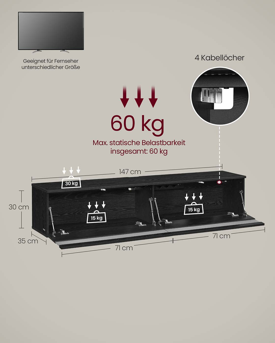 Hanging TV-Lowboard 147 x 35 x 30 cm Ebenholz schwarz schwarz