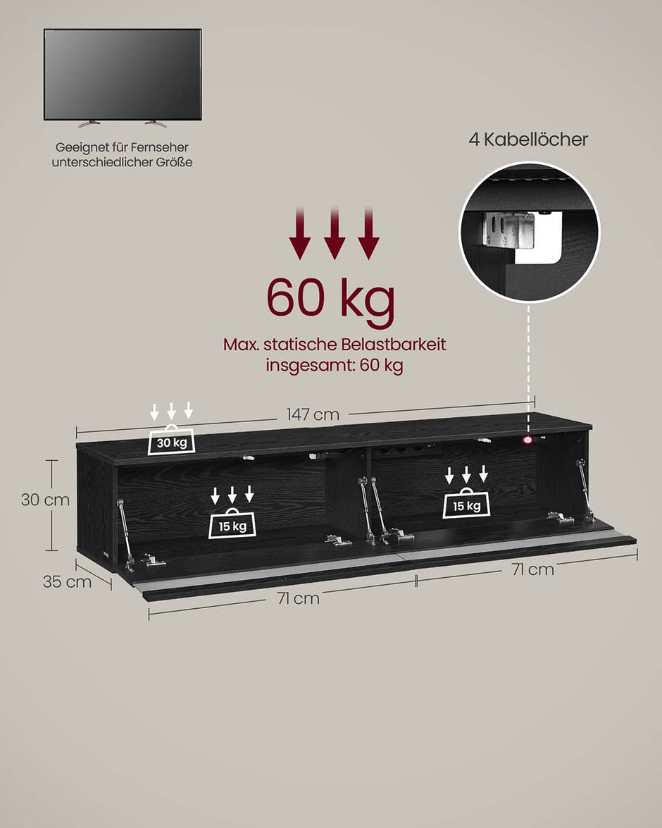Hanging TV-Lowboard 147 x 35 x 30 cm Ebenholz schwarz schwarz