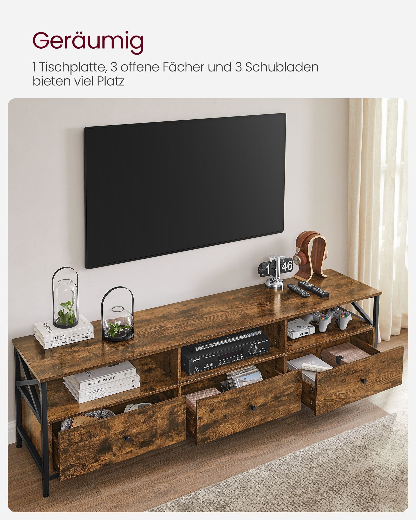 TV-Möbel-3 Schubladen-Vintage Brown & Schwarz
