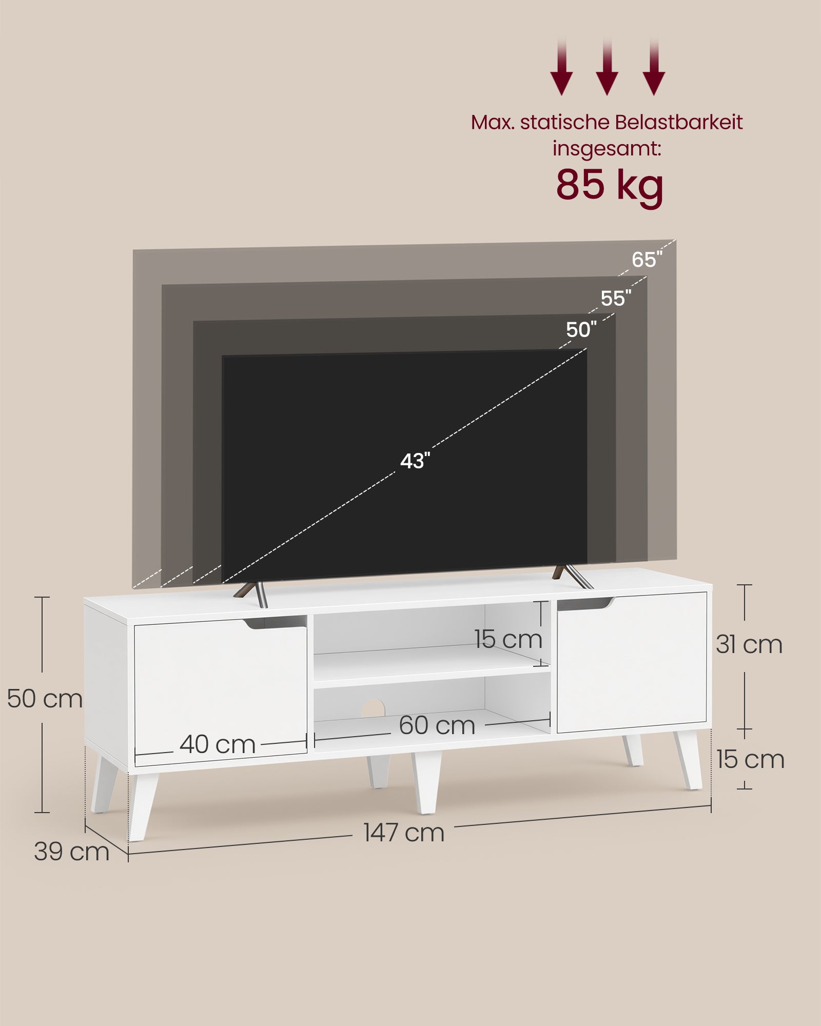 Tv-meubel - Voor Televisies tot 65 Inch - Wolkwit - 147 x 39 x 50,1 cm