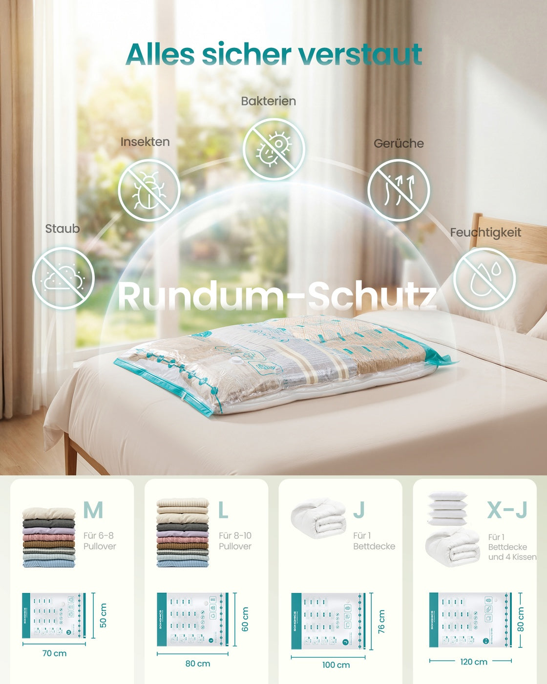 Vacuümzakken - Maat M 70 x 50 cm, Maat L 80 x 60 cm, Maat J 100 x 76 cm, Maat X-J 120 x 80 cm - Transparant - Totaal gewicht 1,4 kg