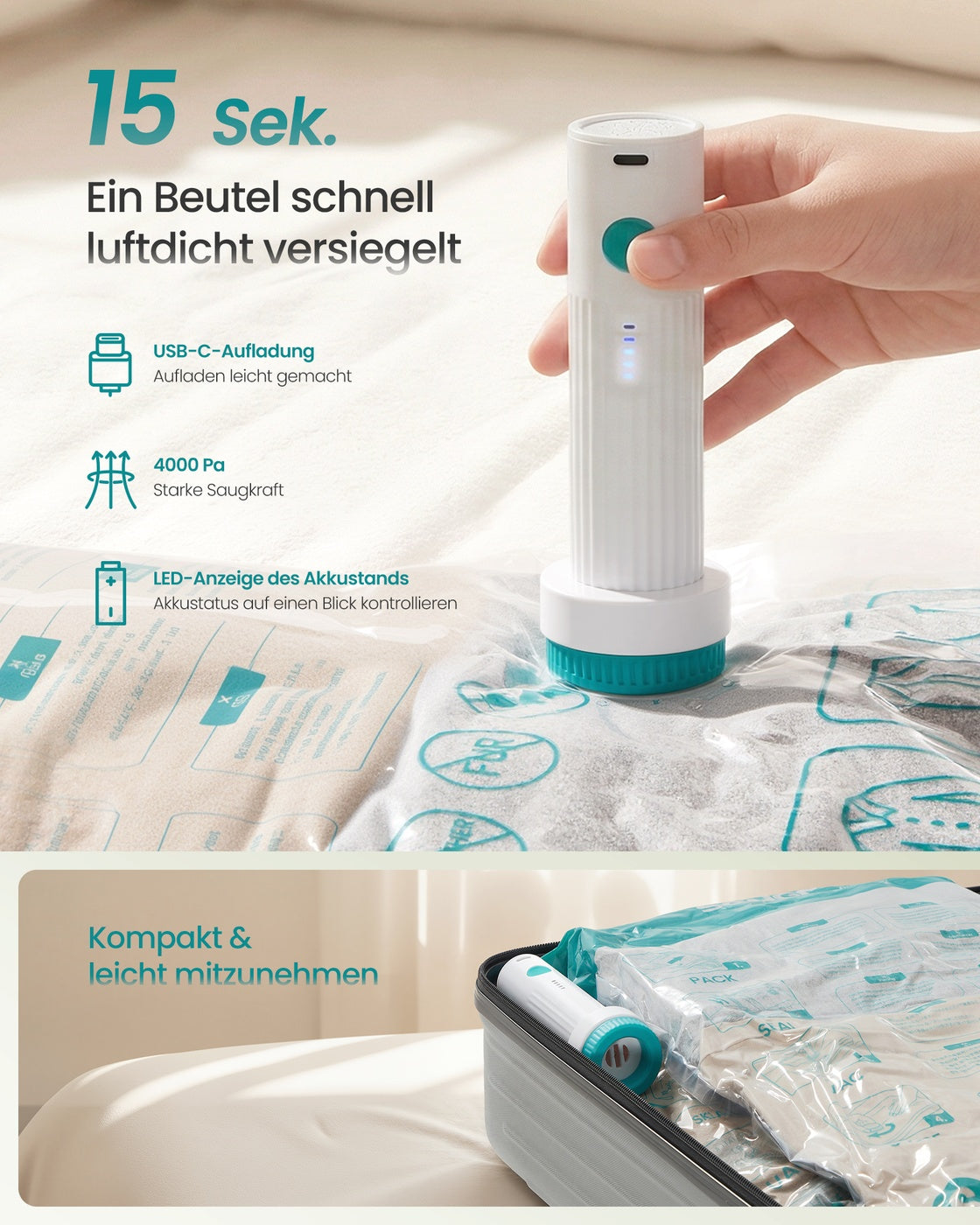 Vacuümzakken - Maat S 60 x 40 cm, Maat M 70 x 50 cm, Maat L 80 x 60 cm - Transparant - Inclusief oplaadbare elektrische pomp - Totaal gewicht 0,8 kg