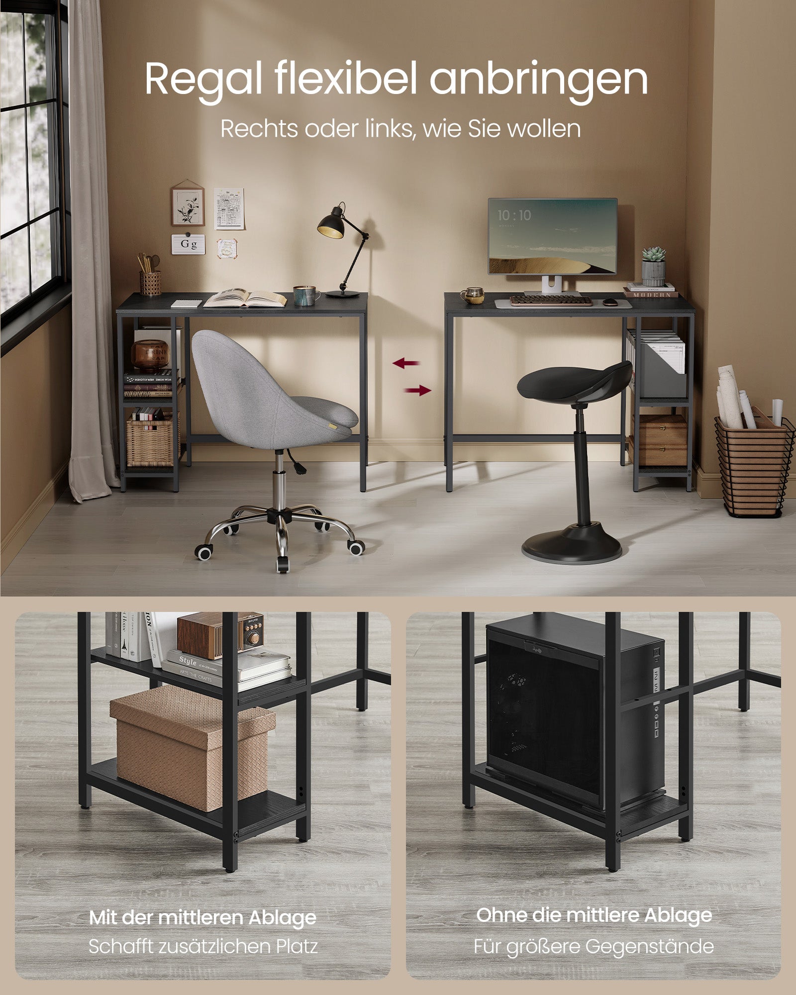 Bureau - mit 2 Regalen - Ebbenzwart Stahlrahmen