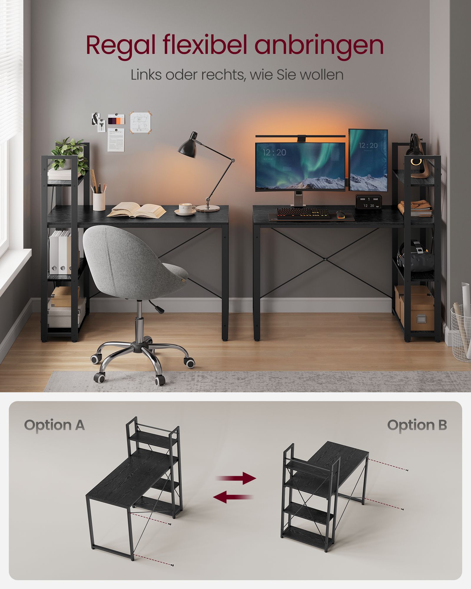 Computerbüro - mit Regalen - Einfache Konstruktion - Ebenholz schwarz