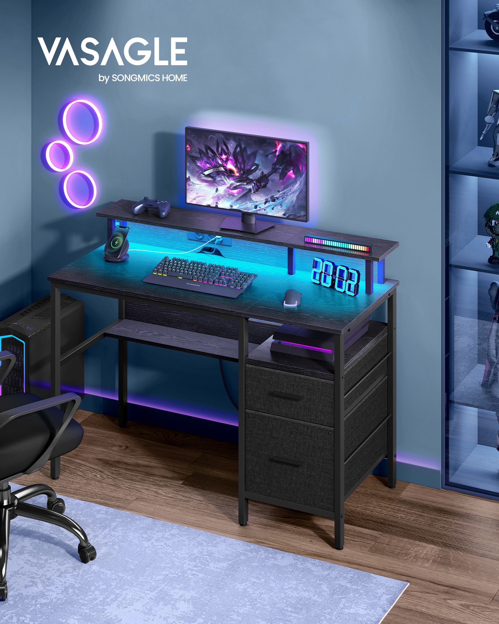 Schreibtisch mit Schubladen und Steckdosen in Ebenholzschwarz