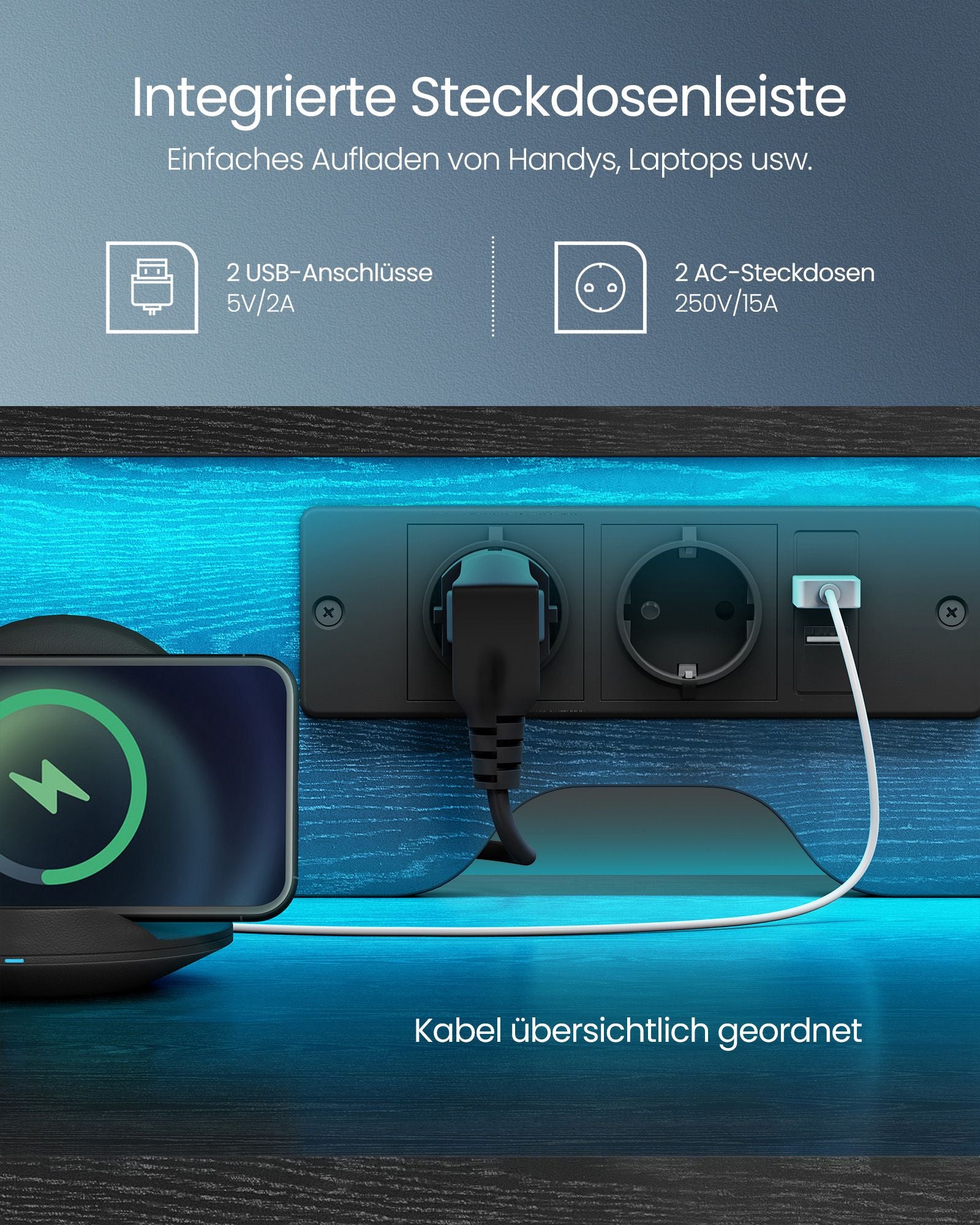 Schreibtisch mit Schubladen und Steckdosen in Ebenholzschwarz