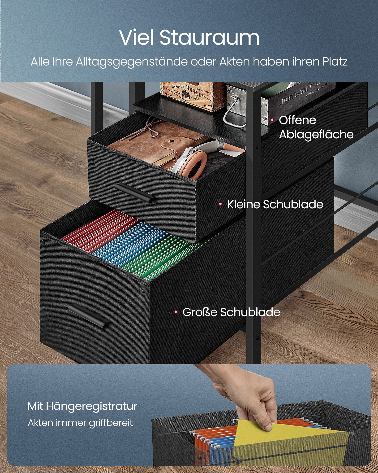 Schreibtisch mit Schubladen und Steckdosen in Ebenholzschwarz