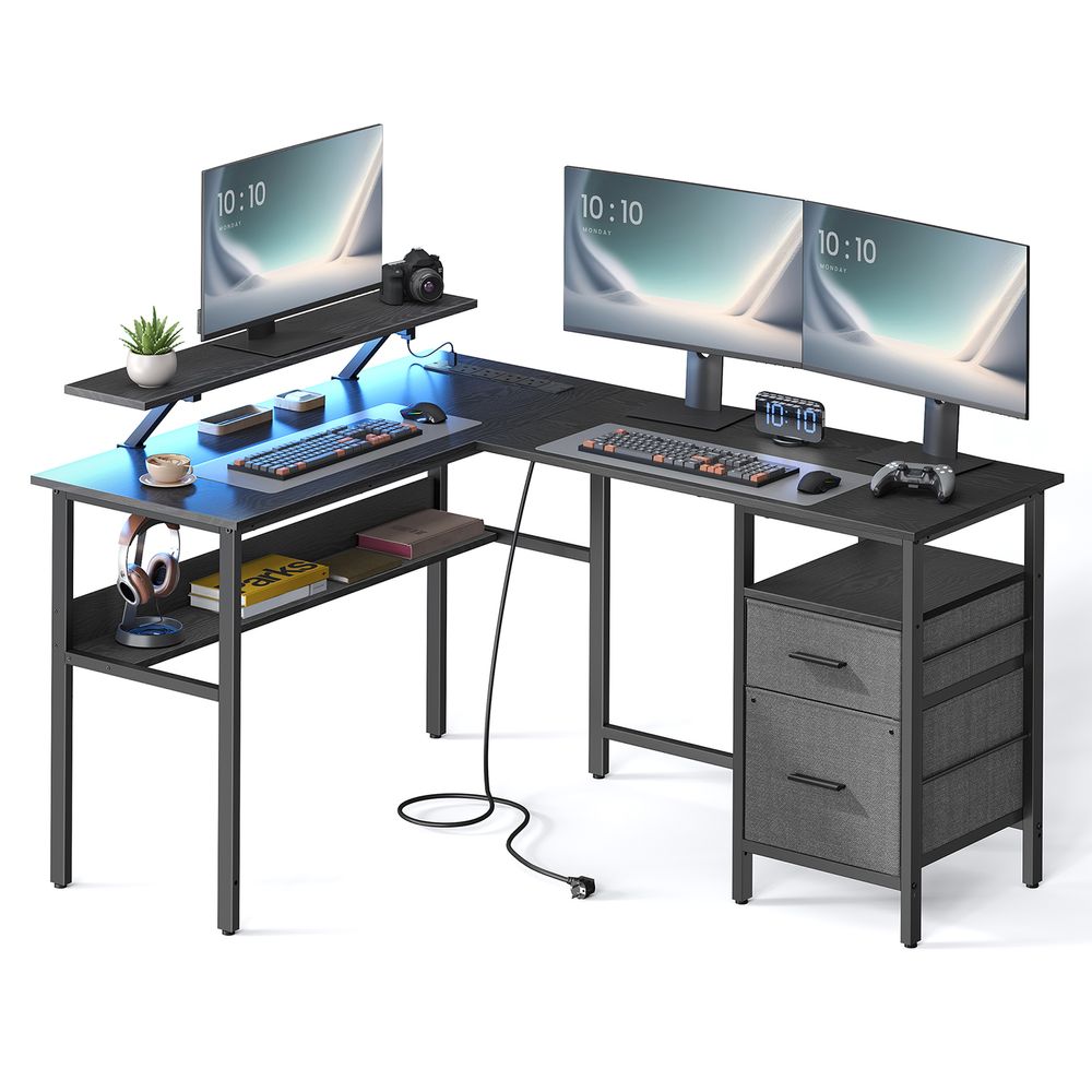 Bureau - Hoekbureau - L -Form - mit Steckdose und Schubladen - schwarz