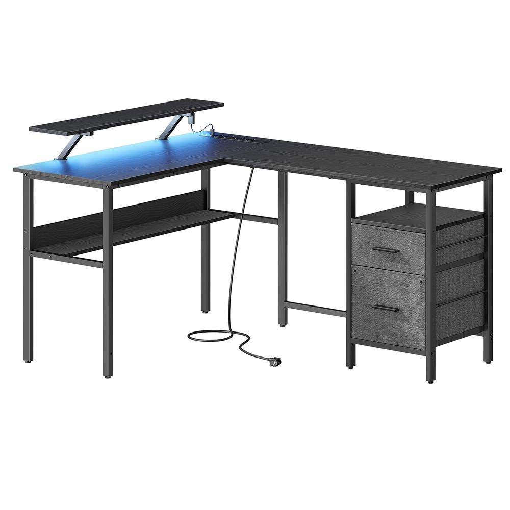 Bureau - Hoekbureau - L -Form - mit Steckdose und Schubladen - schwarz