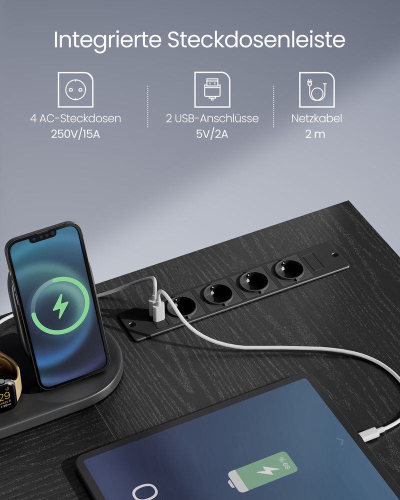 Bureau - Hoekbureau - L -Form - mit Steckdose und Schubladen - schwarz