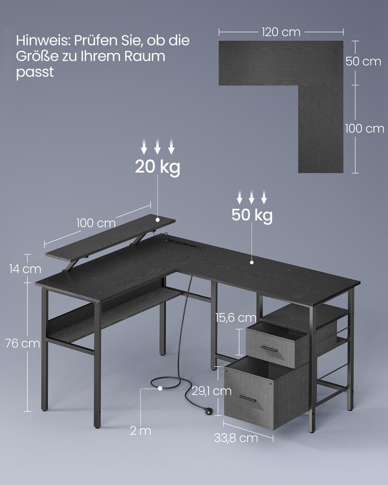 Bureau - Hoekbureau - L -Form - mit Steckdose und Schubladen - schwarz