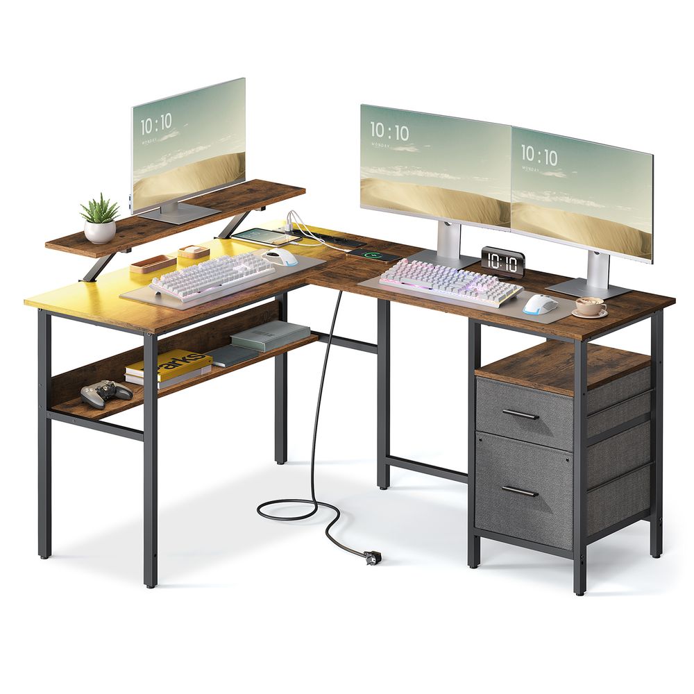 Bureau - Hoekbureau - L -Form - mit Steckdose und Schubladen - schwarz