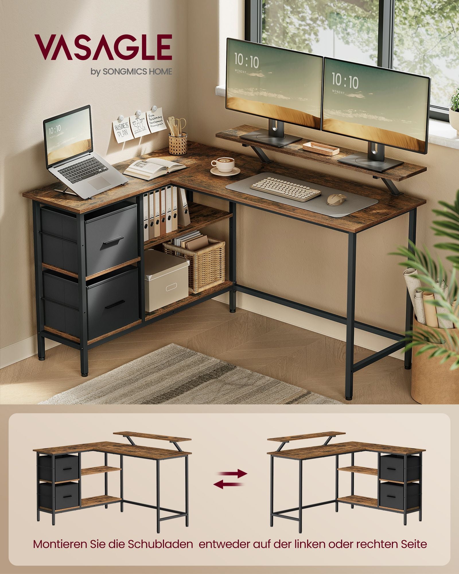 L-förmiger Schreibtisch mit 2 Schubladen-135 × 105 cm