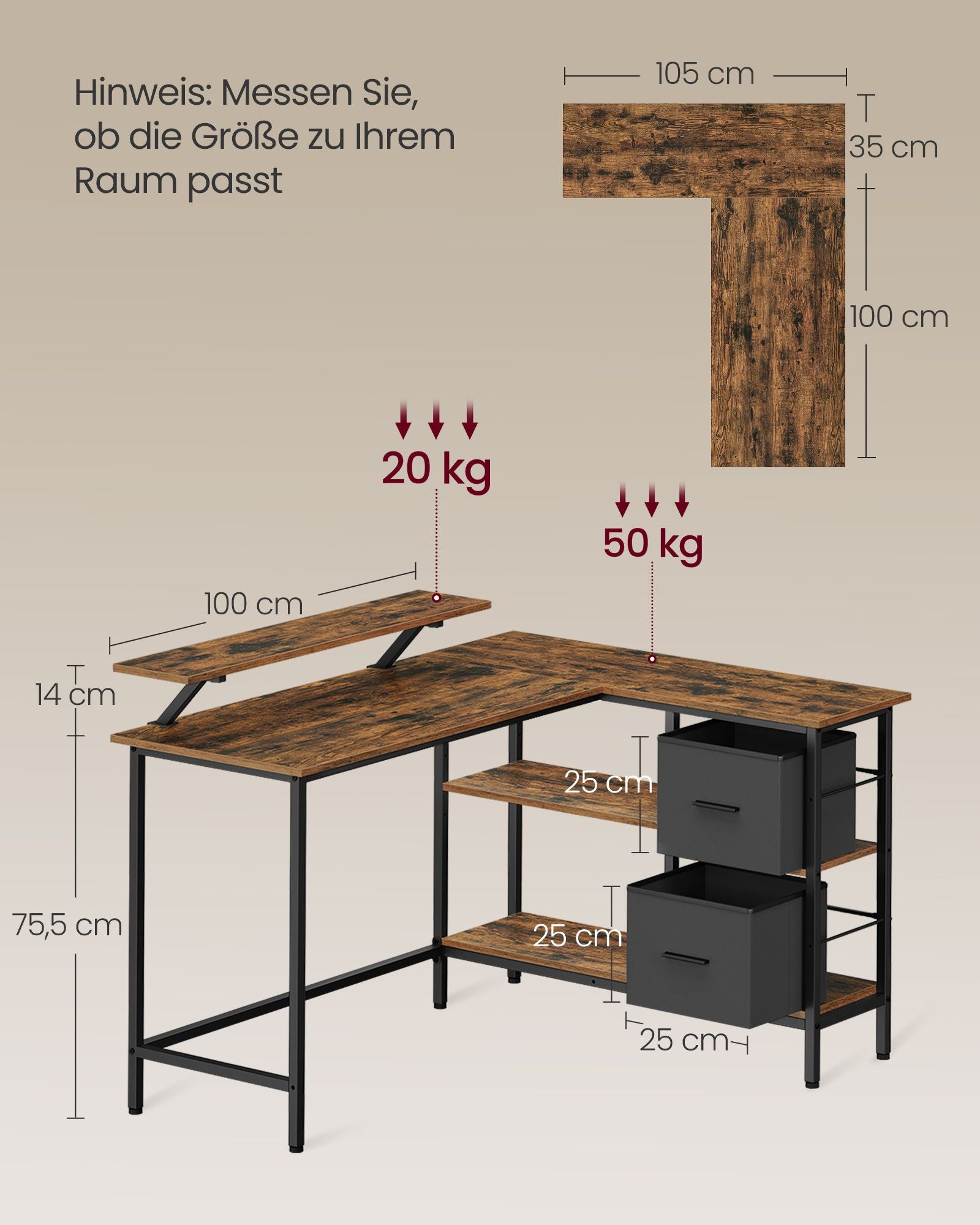 L-förmiger Schreibtisch mit 2 Schubladen-135 × 105 cm