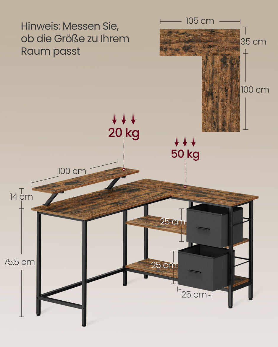 L-förmiger Schreibtisch mit 2 Schubladen-135 × 105 cm