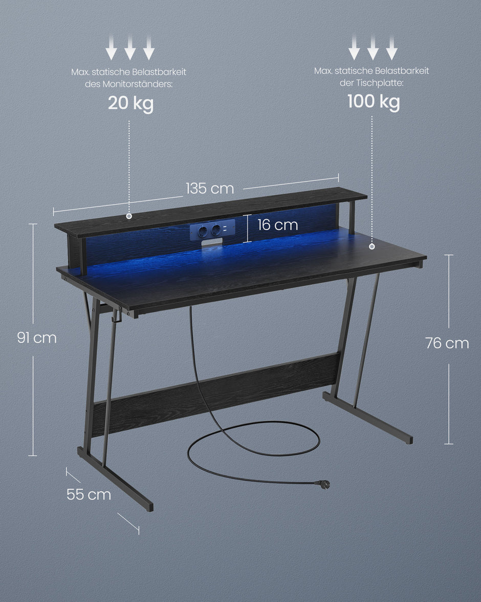 Schreibtisch mit Monitorständer 55 x 135 x 76 cm Ebenholz schwarz schwarz