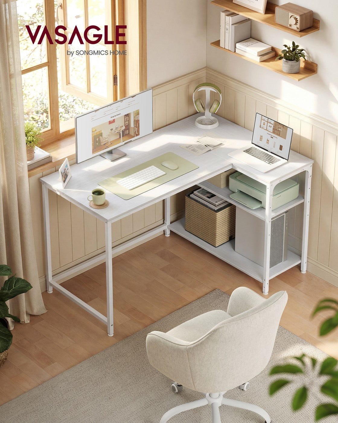 Hoekbureau - 110 x 80 x 76 cm - in hoogte verstelbare plank - esdoornwit - 50 kg maximaal draagvermogen tafelblad - 15 kg maximaal draagvermogen plank