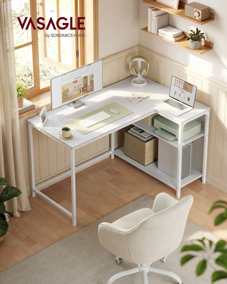Hoekbureau - 110 x 80 x 76 cm - in hoogte verstelbare plank - esdoornwit - 50 kg maximaal draagvermogen tafelblad - 15 kg maximaal draagvermogen plank