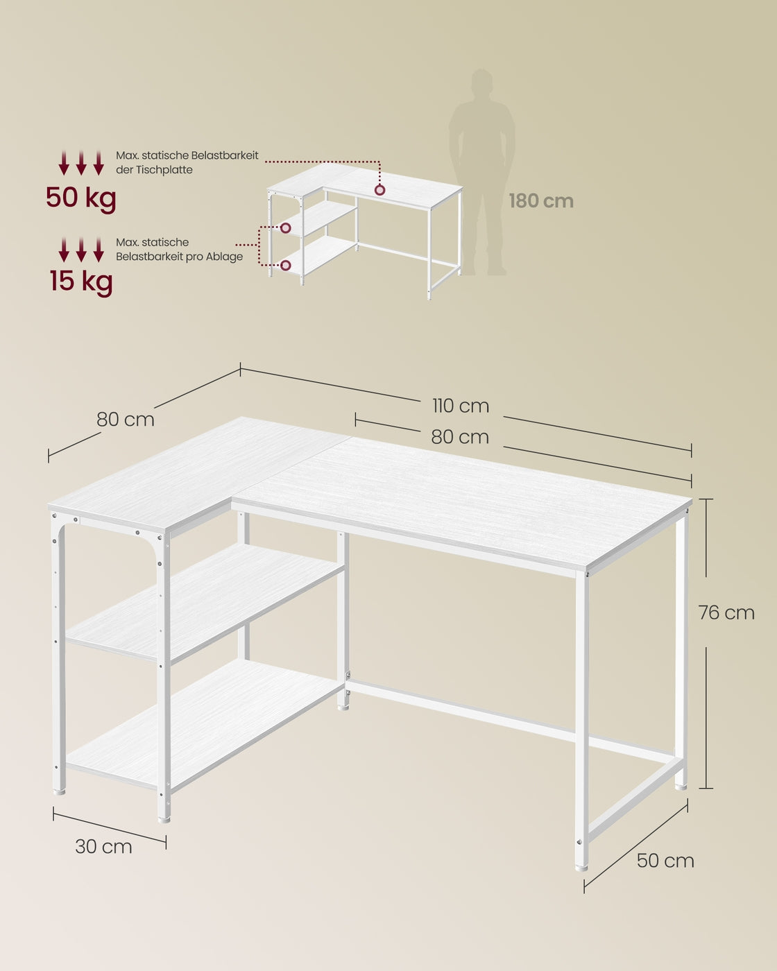 Hoekbureau - 110 x 80 x 76 cm - in hoogte verstelbare plank - esdoornwit - 50 kg maximaal draagvermogen tafelblad - 15 kg maximaal draagvermogen plank