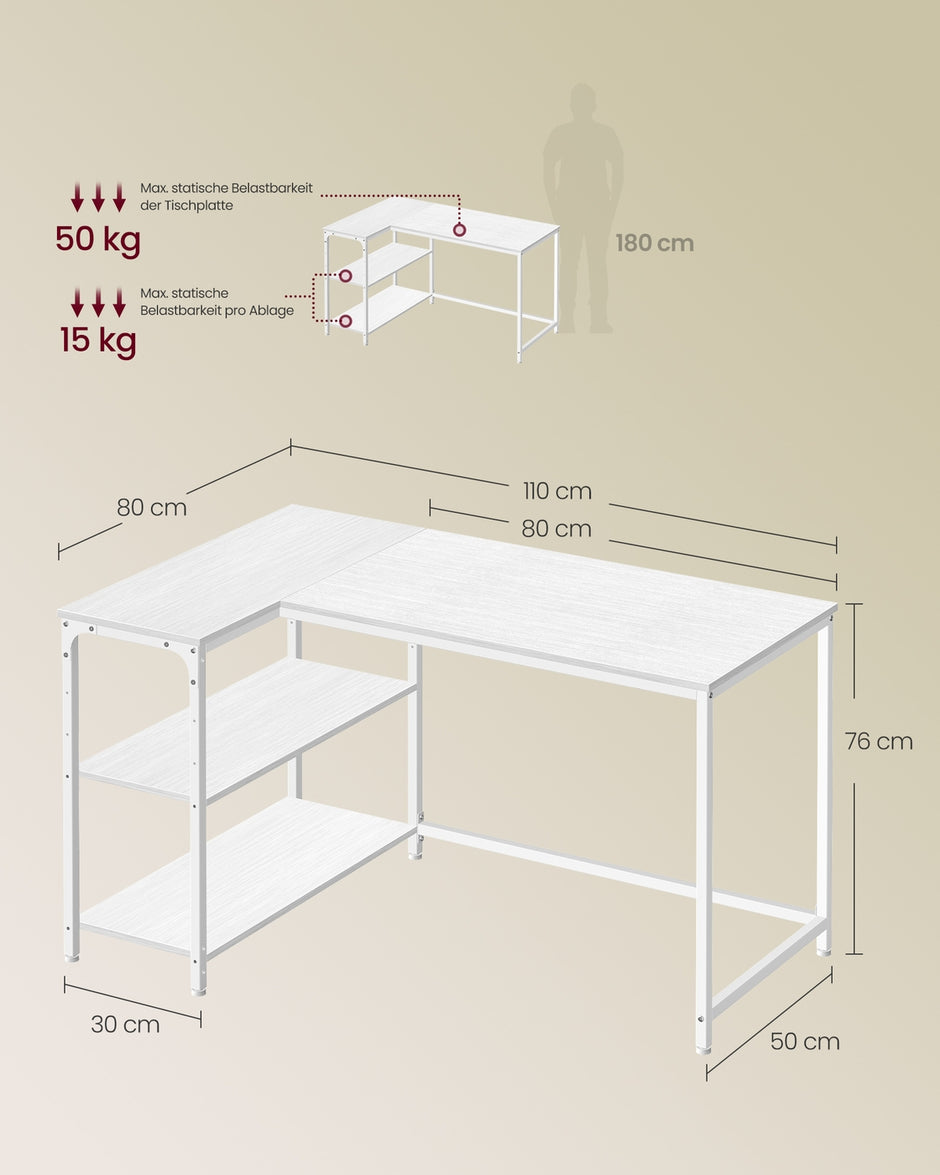 Hoekbureau - 110 x 80 x 76 cm - in hoogte verstelbare plank - esdoornwit - 50 kg maximaal draagvermogen tafelblad - 15 kg maximaal draagvermogen plank