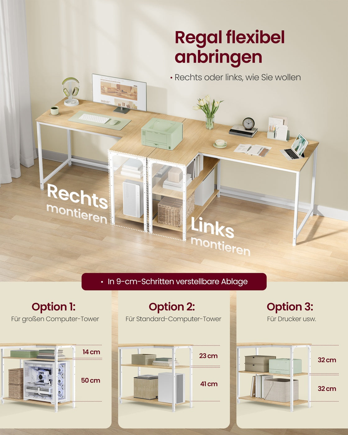 Hoekbureau L-vormig – 110 x 80 cm – Met Opbergplanken – Omkeerbaar – Eiken en Wit