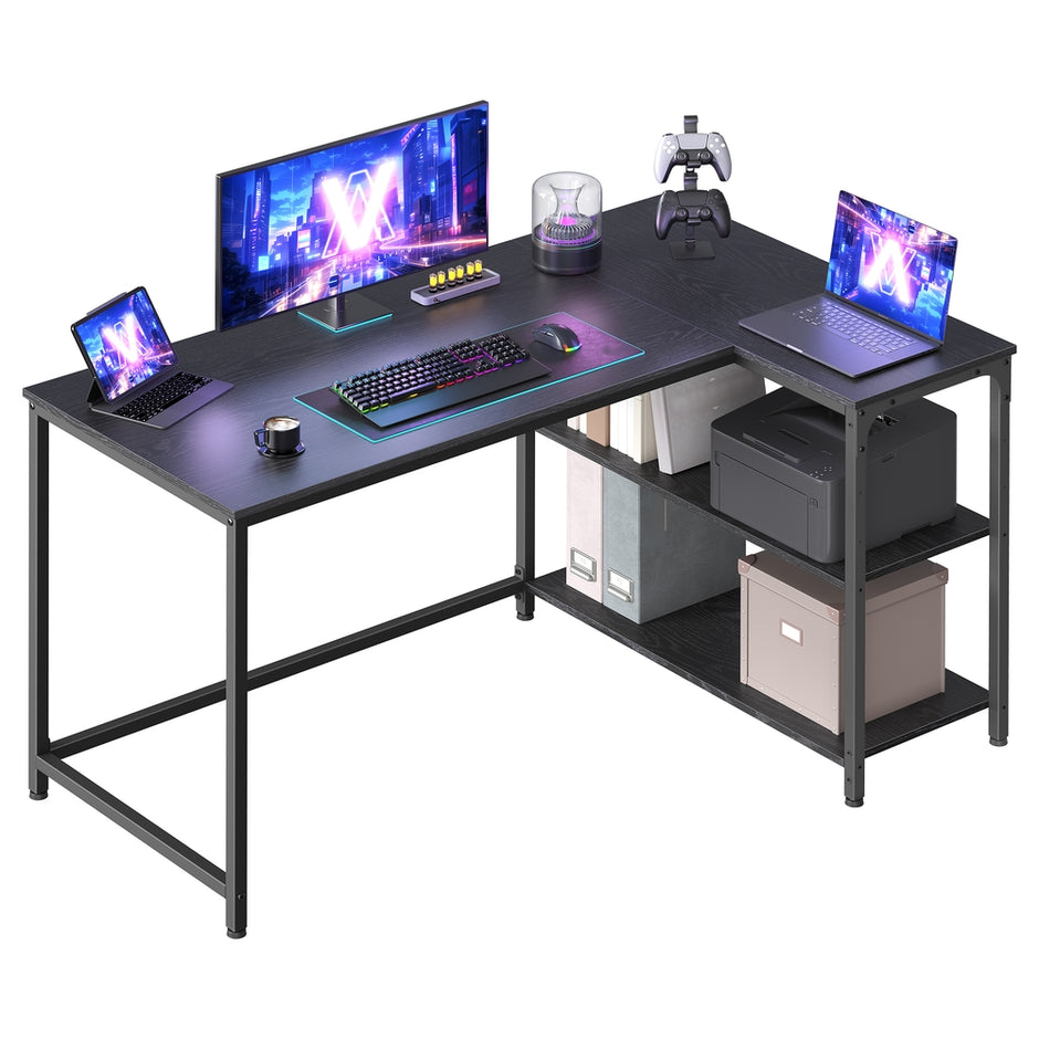 Hoekbureau - 120 x 80 x 76 cm - in hoogte verstelbare plank - ebbenzwart - max. belasting tafelblad 50 kg - max. belasting per plank 15 kg