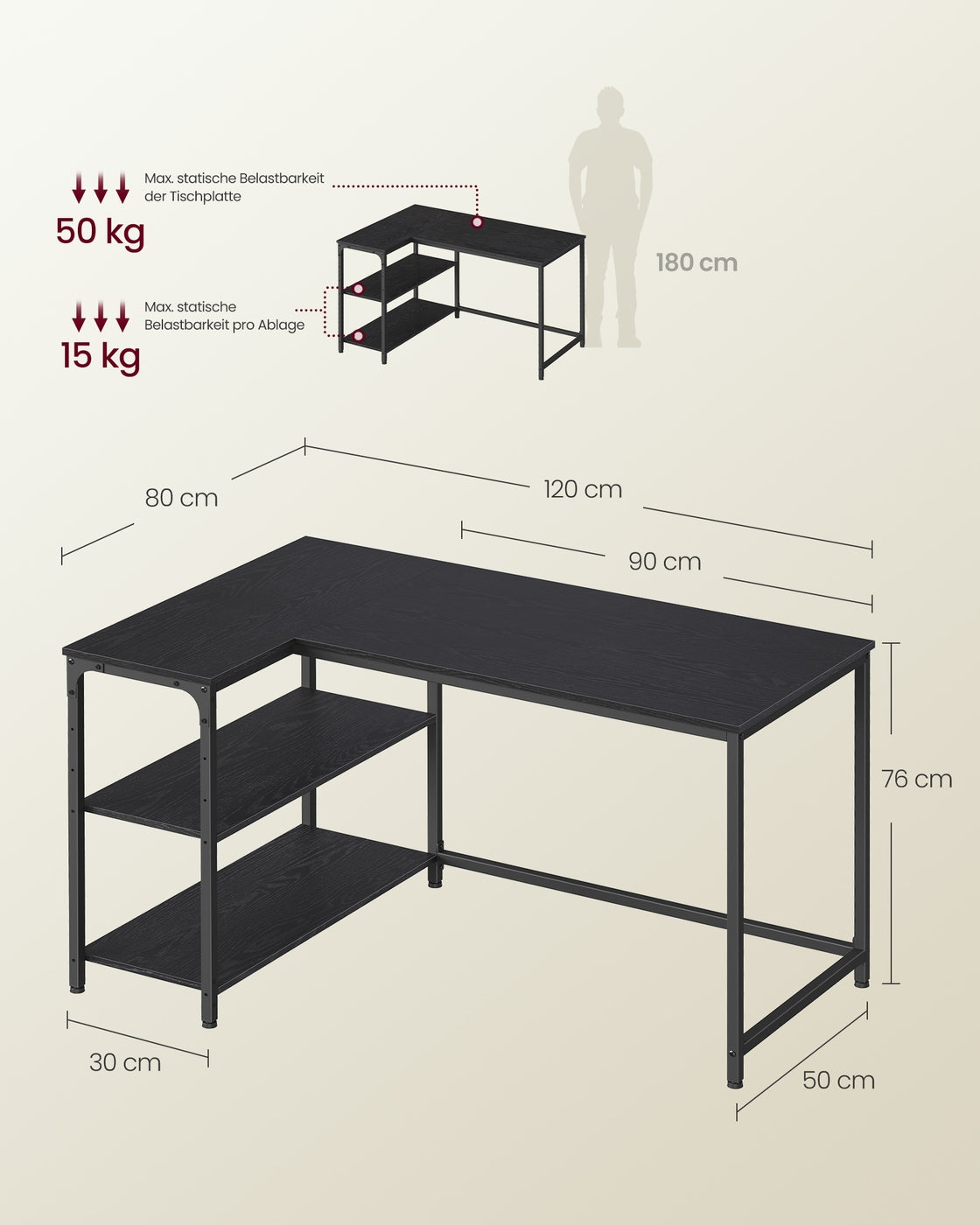 Hoekbureau - 120 x 80 x 76 cm - in hoogte verstelbare plank - ebbenzwart - max. belasting tafelblad 50 kg - max. belasting per plank 15 kg