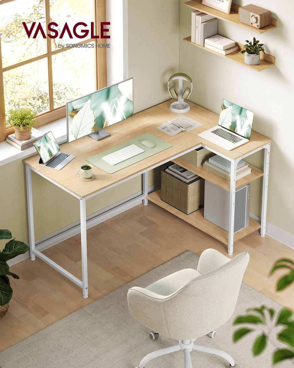 Hoekbureau L-vormig – 120 x 80 cm – Met Opbergplanken – Omkeerbaar – Eiken en Wit