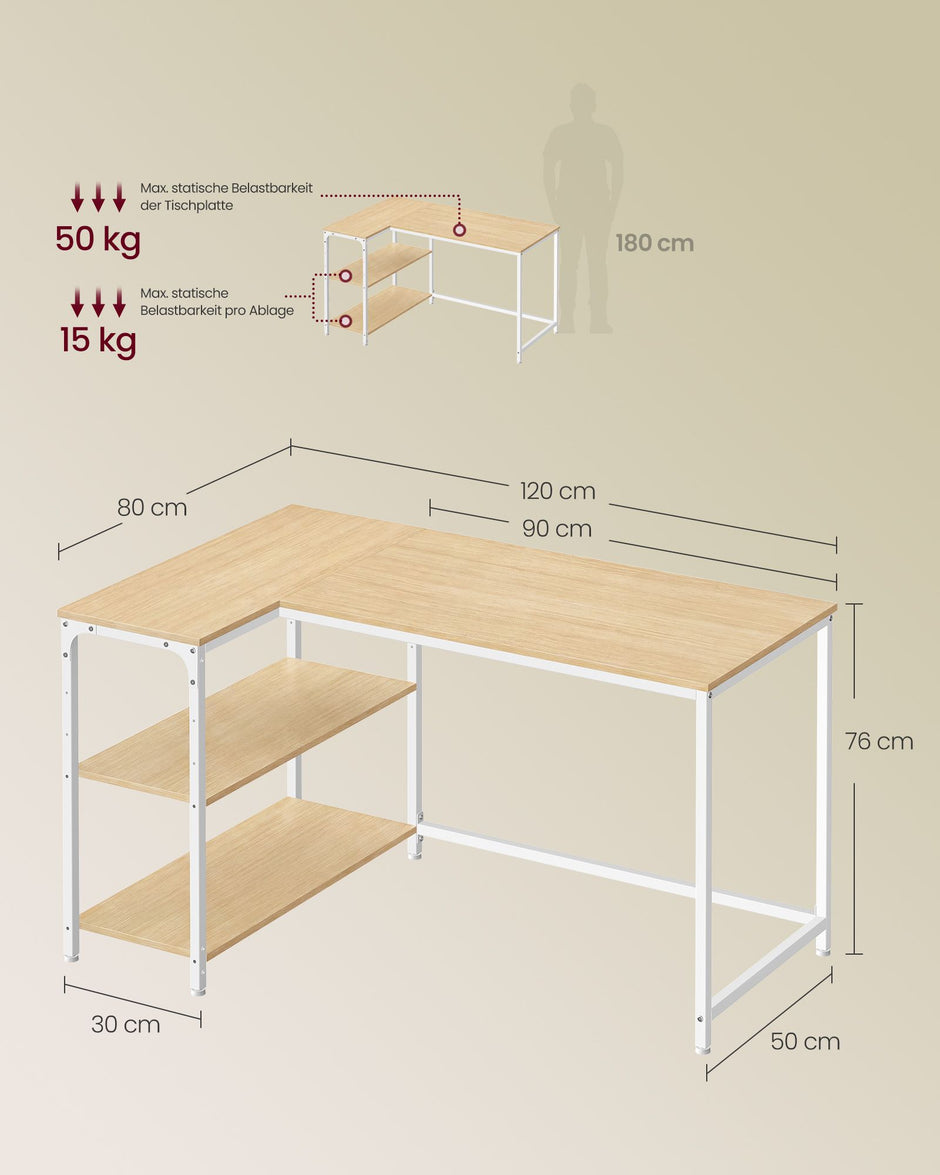 Hoekbureau L-vormig – 120 x 80 cm – Met Opbergplanken – Omkeerbaar – Eiken en Wit