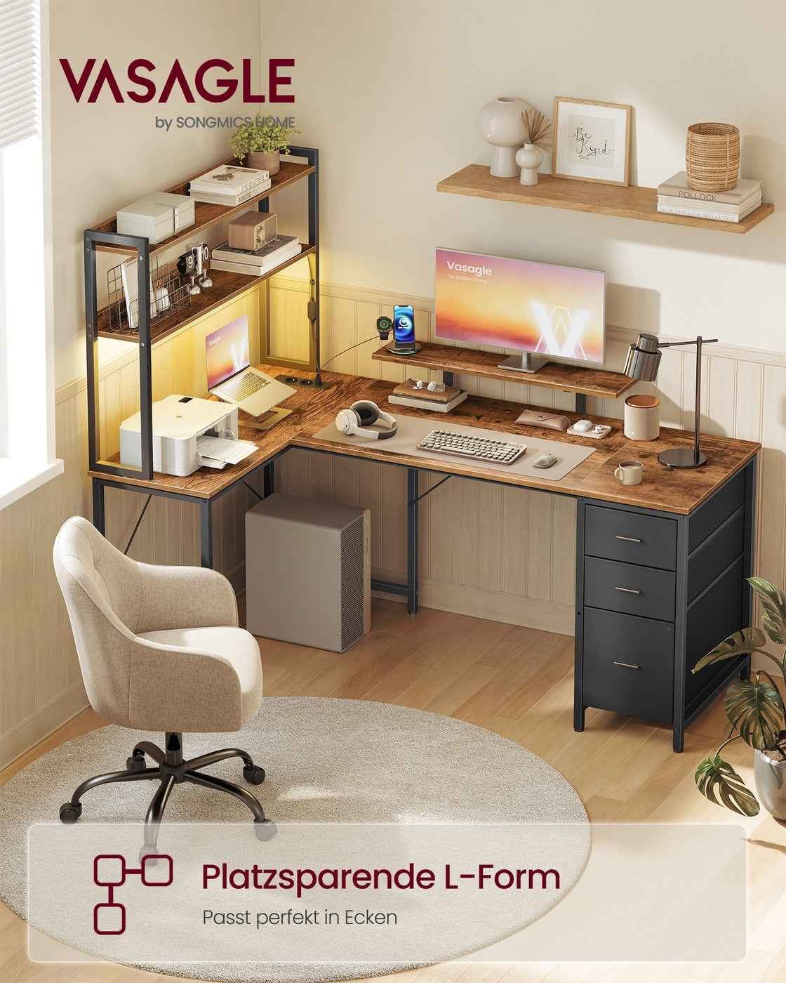 Hoekbureau - L-Vorm - Ledverlichting - Met Stopcontacten - Vintage Bruin-Zwart