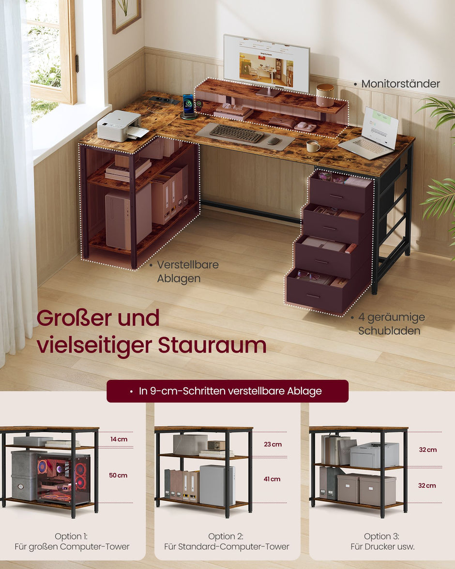 Hoekbureau L-Vorm – 160 x 80 cm – Stopcontacten en 2 USB – 4 Lades – Vintage Bruin en Zwart