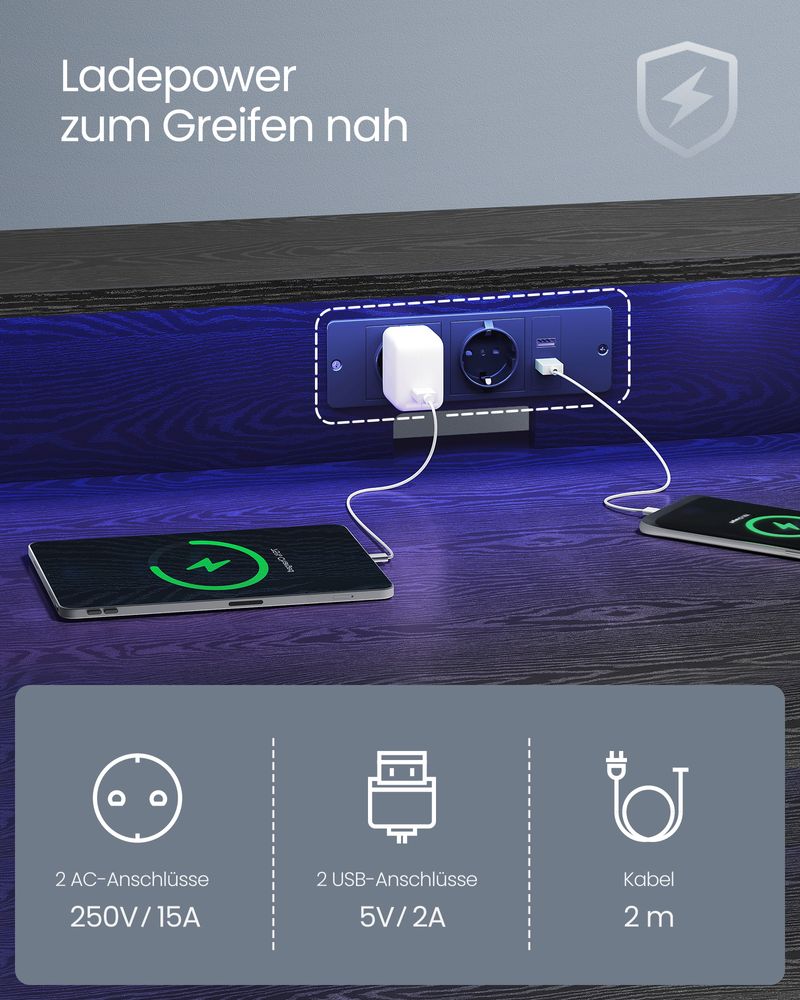 Gaming Desk - mit LED -Beleuchtung und Steckdose - erhöhtes Regal - 60x120x76 cm - Schwarz