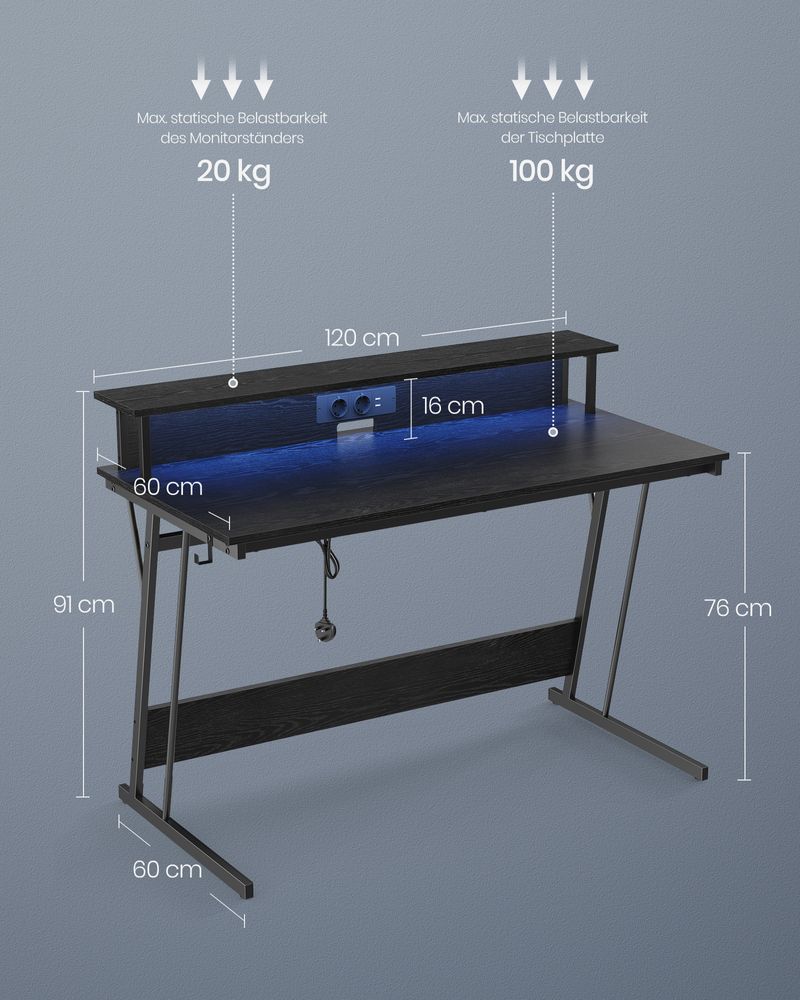 Gaming Desk - mit LED -Beleuchtung und Steckdose - erhöhtes Regal - 60x120x76 cm - Schwarz
