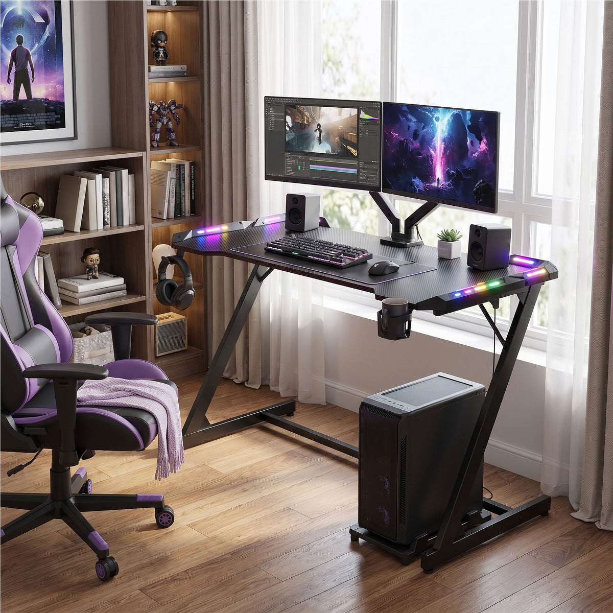Gamingbureau Z-Vorm – Carbonlook – LED-Verlichting – 120 x 60 cm – Zwart