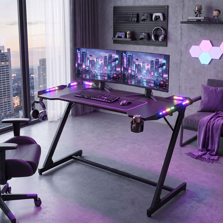 Gamingbureau Z-Vorm – Carbonlook – LED-Verlichting – 120 x 60 cm – Zwart