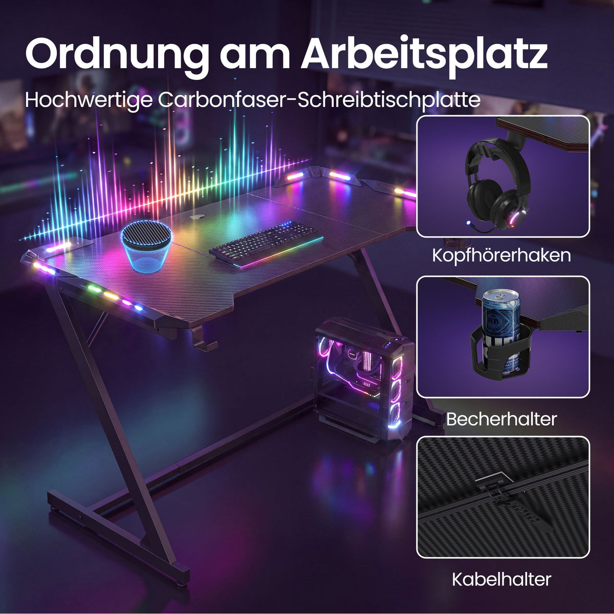 Gamingbureau Z-Vorm – Carbonlook – LED-Verlichting – 120 x 60 cm – Zwart