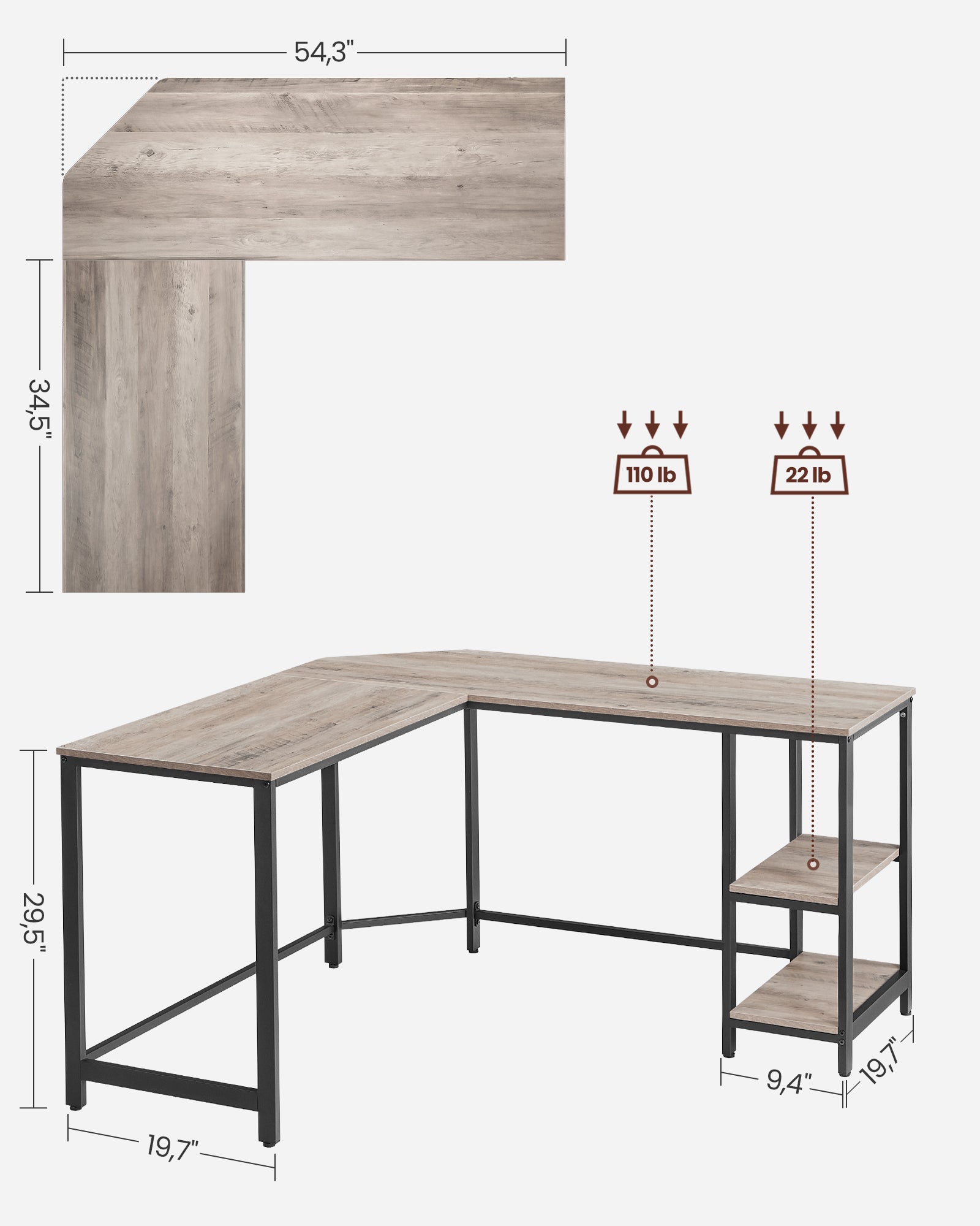 Bureau - l -hoekbureau mit 2 Regalen - Raumsparung - Industriedesign