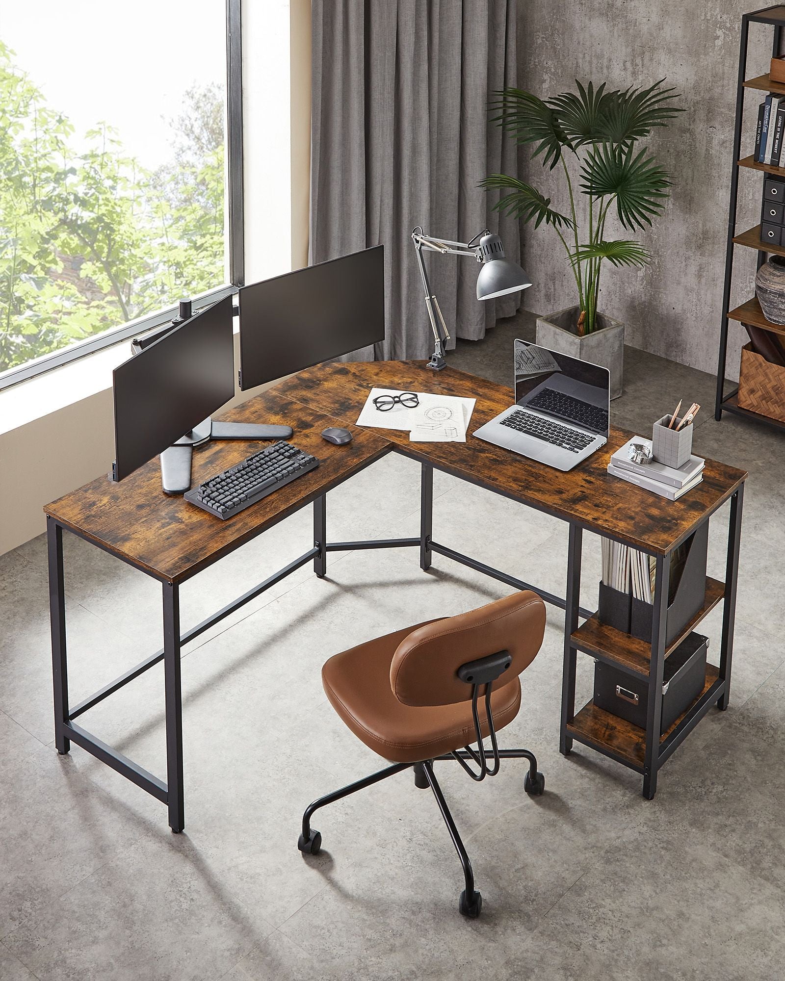 Corner Agentur - Computertisch in L -Shape - Industriedesign - Vintage Brown/Schwarz
