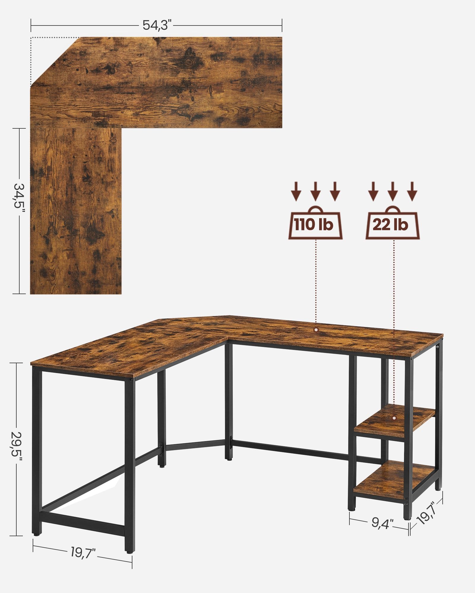 Corner Agentur - Computertisch in L -Shape - Industriedesign - Vintage Brown/Schwarz