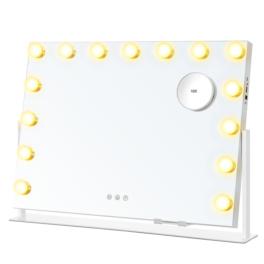 Make-up-Spiegel mit LED-Beleuchtung, Berührungssteuerung, 15 LED-Lampen, mit Ladeanschlüssen, 10-fach-Vergrößerungsspiegel, 3 Lichtfarben, dimmbarer, Mobilfunkhalter, Matt White LWM001W02