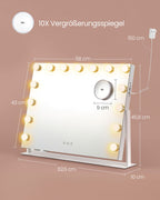 Make-up-Spiegel mit LED-Beleuchtung, Berührungssteuerung, 15 LED-Lampen, mit Ladeanschlüssen, 10-fach-Vergrößerungsspiegel, 3 Lichtfarben, dimmbarer, Mobilfunkhalter, Matt White LWM001W02
