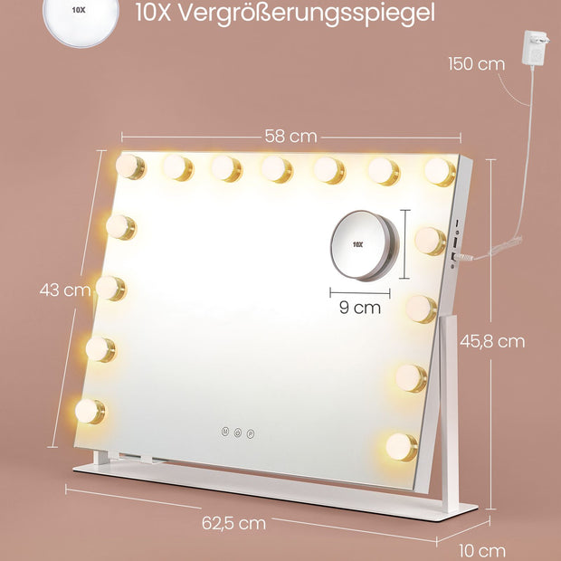 Make-up-Spiegel mit LED-Beleuchtung, Berührungssteuerung, 15 LED-Lampen, mit Ladeanschlüssen, 10-fach-Vergrößerungsspiegel, 3 Lichtfarben, dimmbarer, Mobilfunkhalter, Matt White LWM001W02