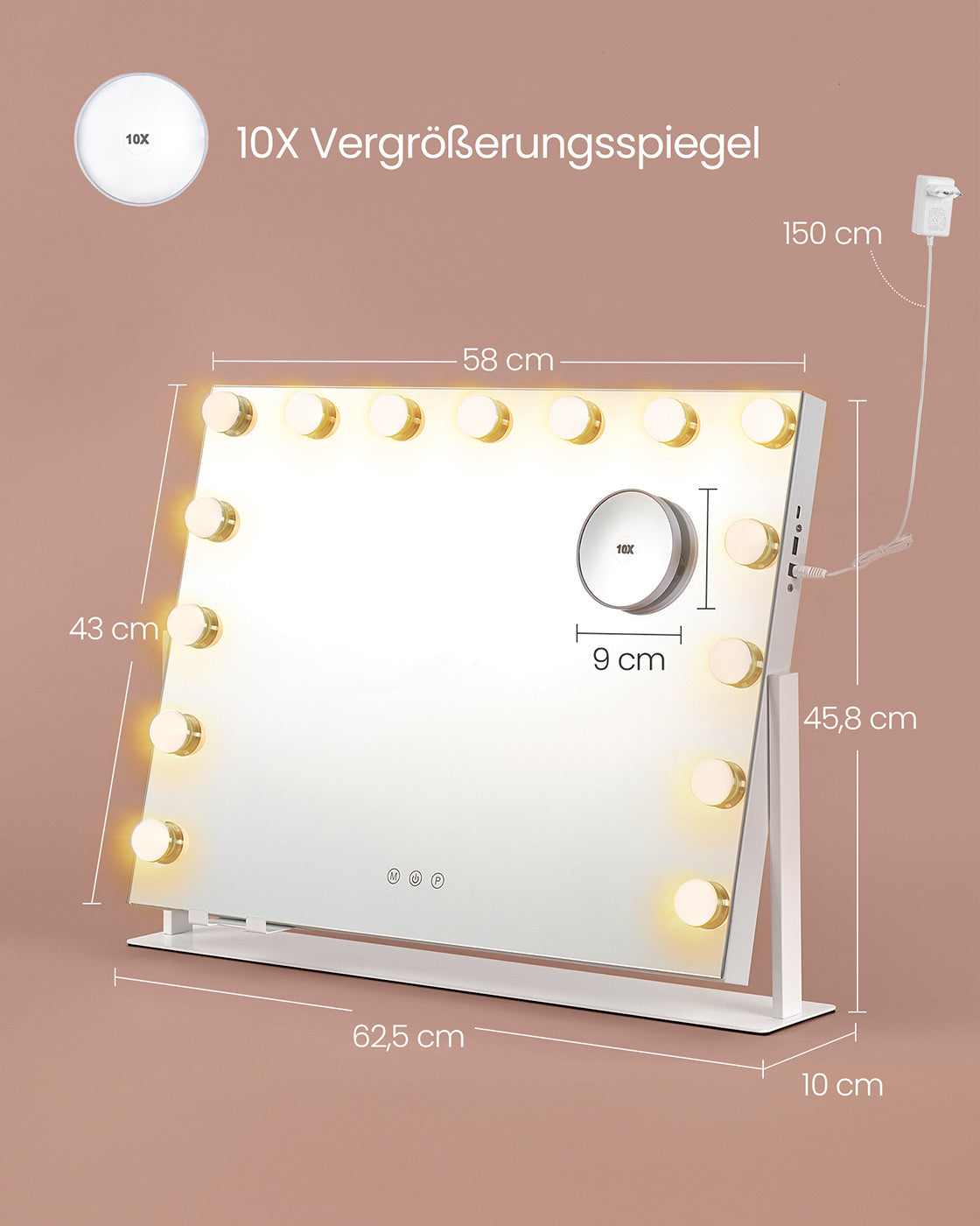 Make-up-Spiegel-mit Beleuchtungslade-Toren-mat weiß