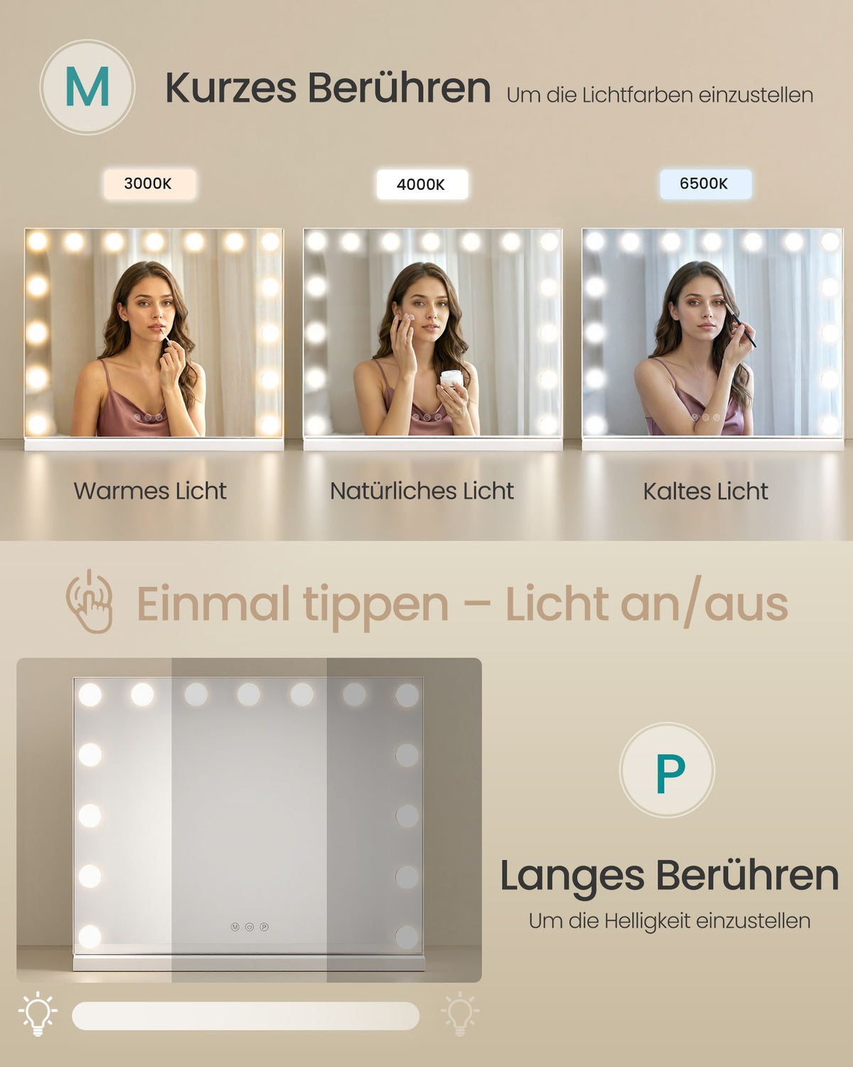 Make-upspiegel - Hollywood met Dimbare LED's - 10x Vergroting - Matwit - 48 x 58 x 5,7 cm