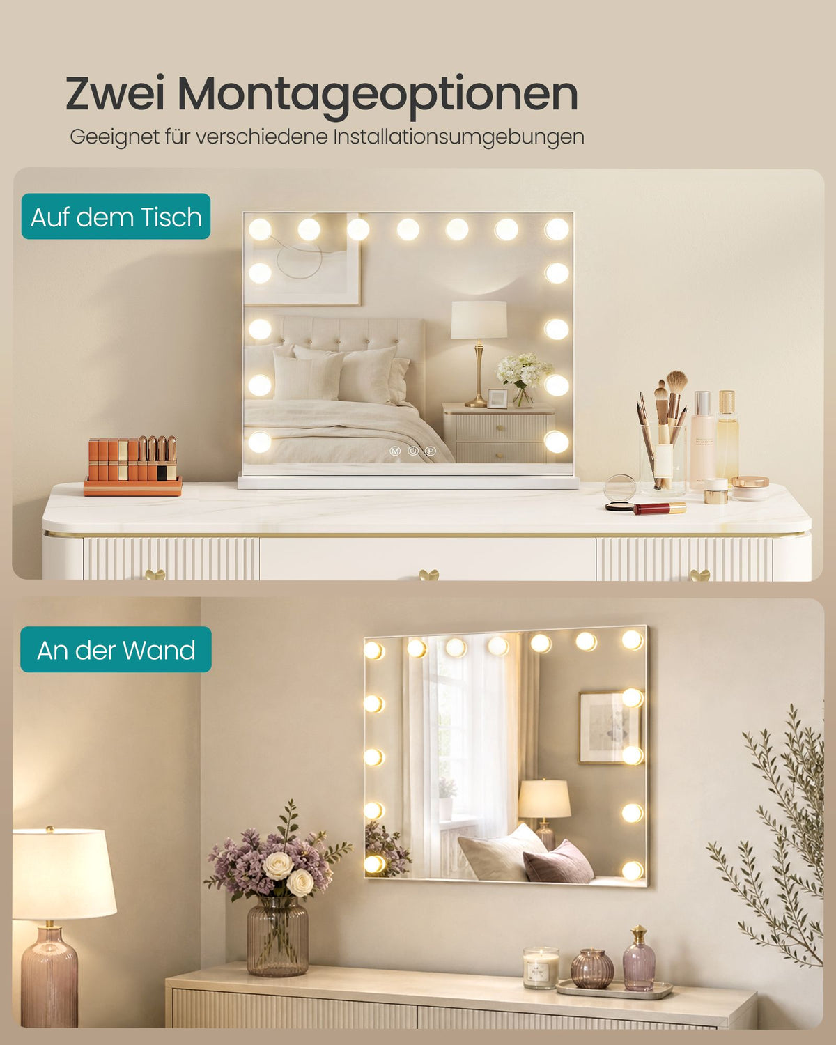 Make-upspiegel - Hollywood met Dimbare LED's - 10x Vergroting - Matwit - 48 x 58 x 5,7 cm