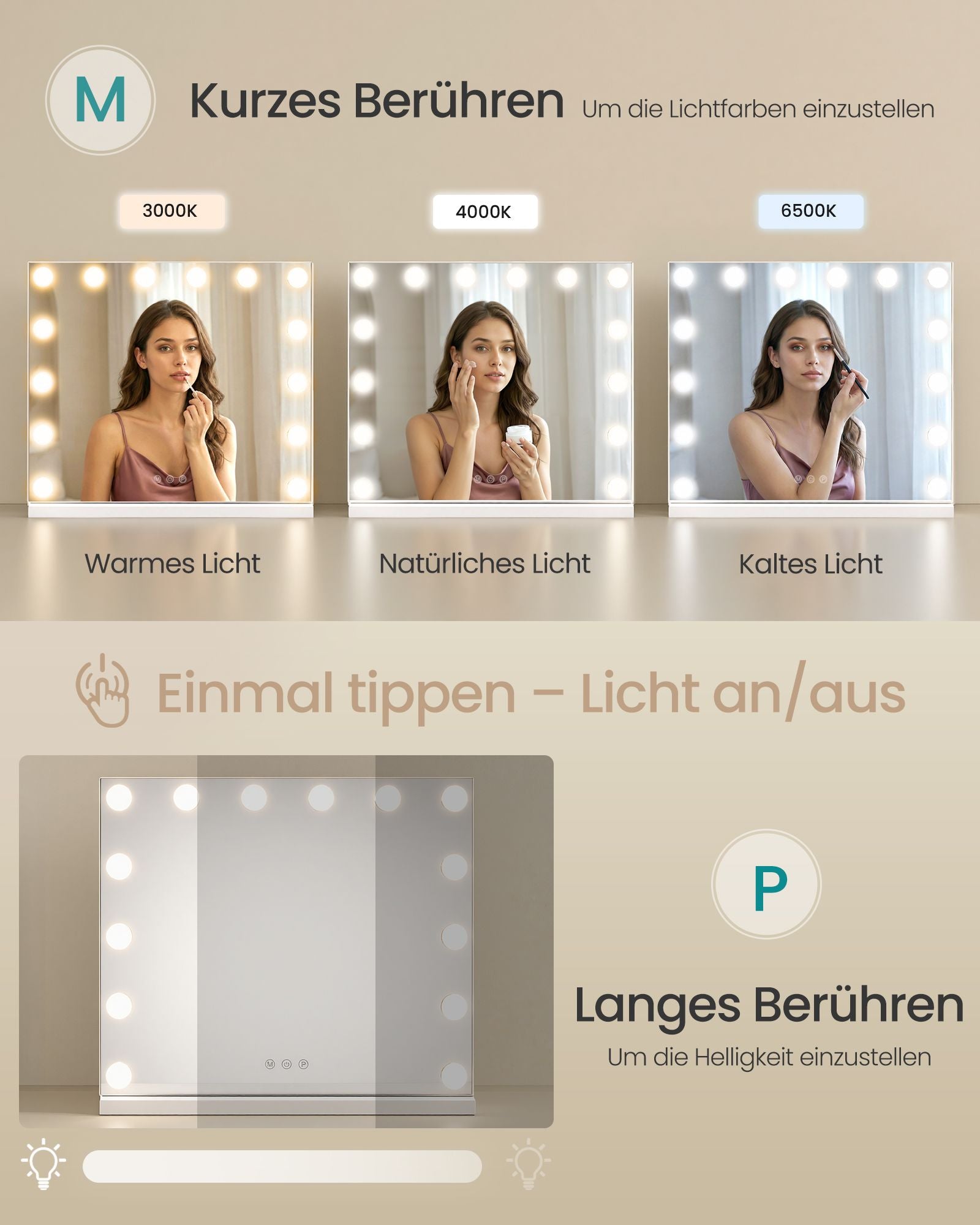 Make-upspiegel - Hollywood met Dimbare LED's - 10x Vergroting - Matwit - 44 x 50 x 5,7 cm