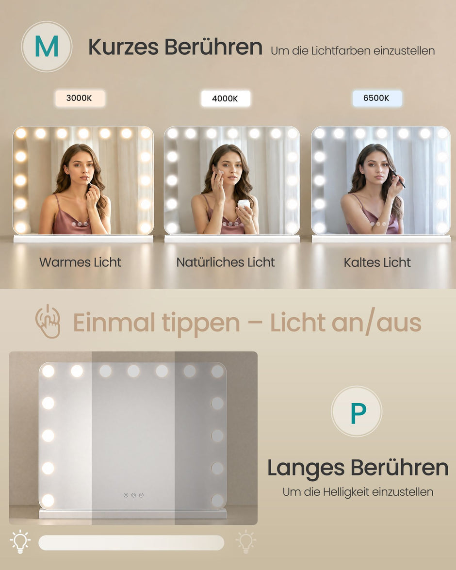 Make-upspiegel - Hollywood met Dimbare LED's - 10x Vergroting - Matwit - 48 x 58 x 5,7 cm