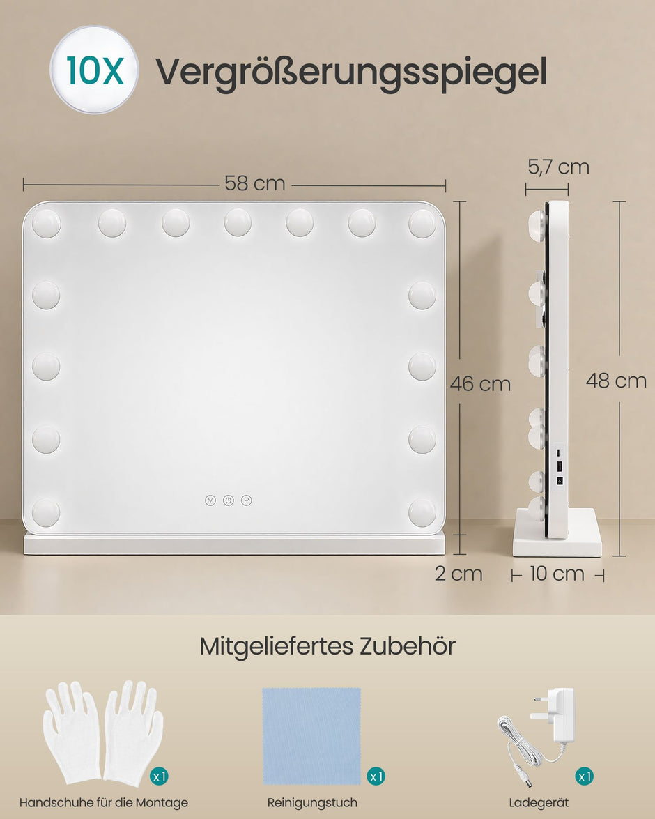 Make-upspiegel - Hollywood met Dimbare LED's - 10x Vergroting - Matwit - 48 x 58 x 5,7 cm