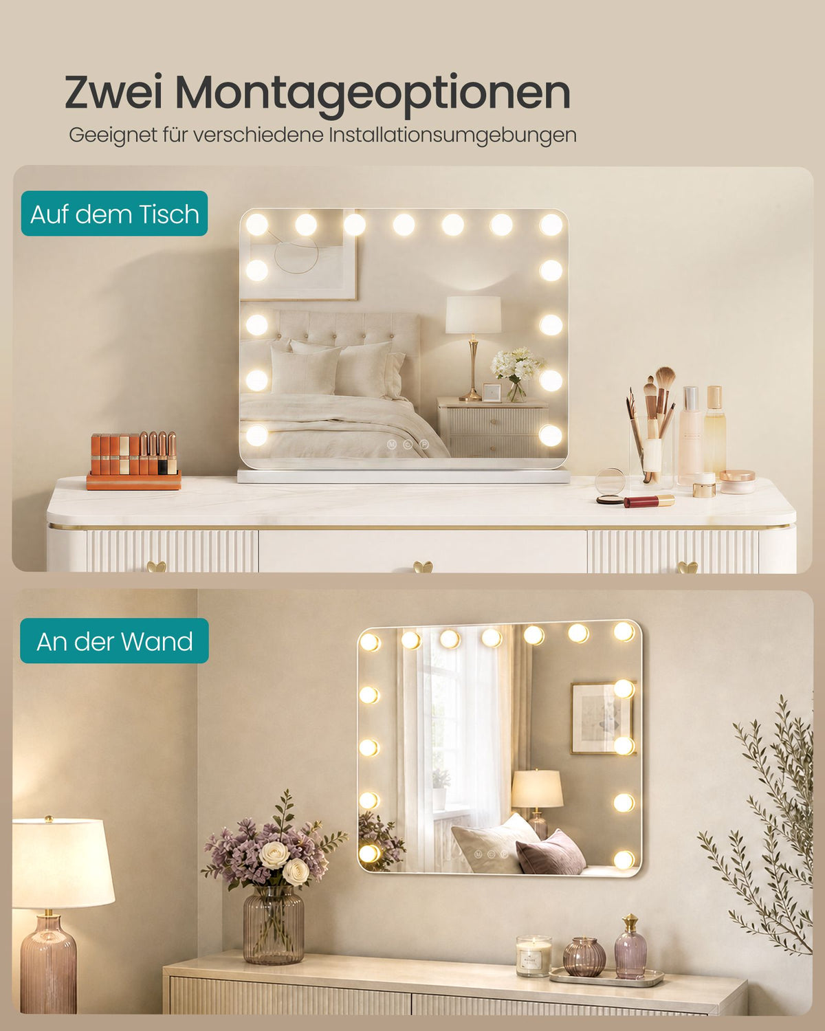 Make-upspiegel - Hollywood met Dimbare LED's - 10x Vergroting - Matwit - 48 x 58 x 5,7 cm